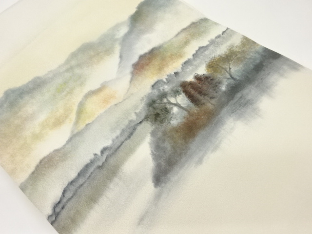 作家物　遠山に湖・風景模様名古屋帯